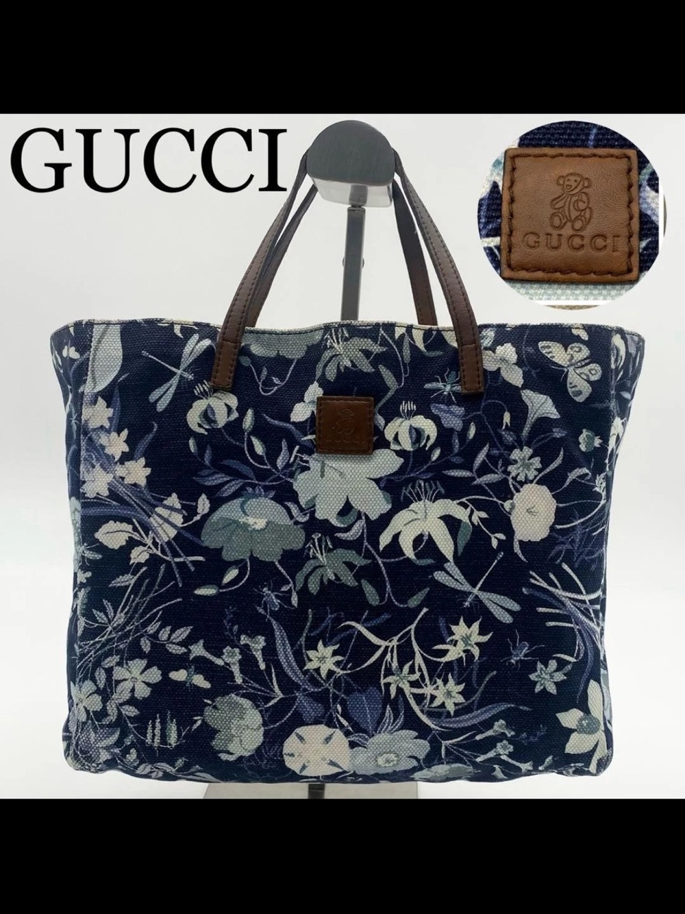 Gucci Navy Floral Canvas Tote with Brown Leather Handles